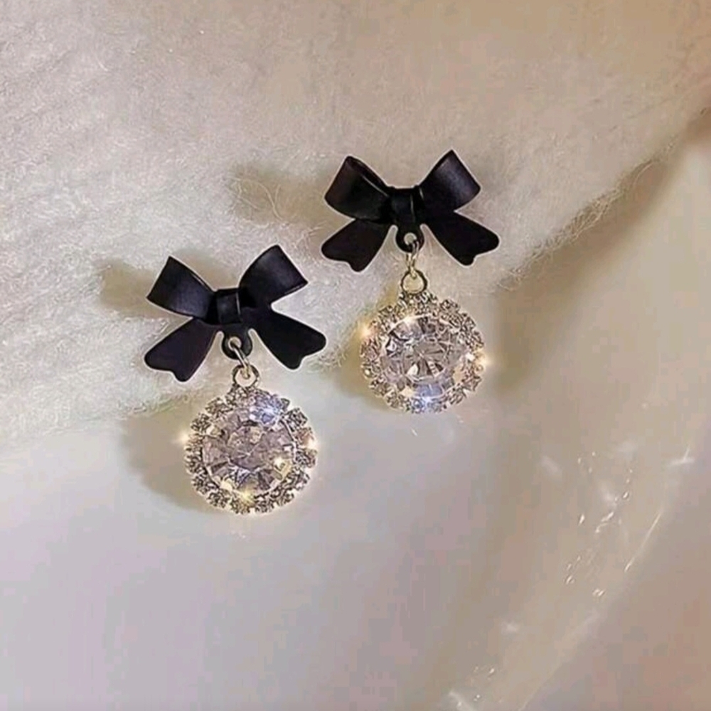 Elegant Rhinestone Black Bow Earrings New!